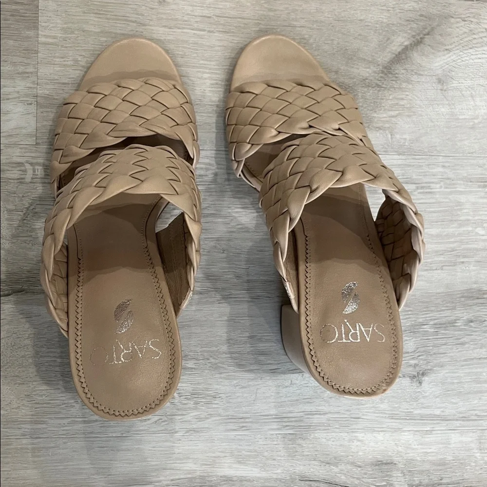 Sarto Braided Block Heel Sandals Beige Leather Womens‎ 7 Wedding Classic Chic